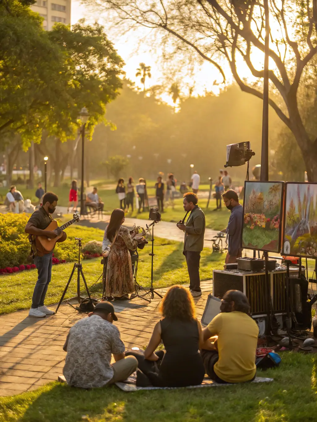 A dynamic image showcasing a community event sponsored by ENLIVE'S ENLIVE'S, with people of all ages participating in musical activities. The atmosphere is joyful and engaging, emphasizing the organization's role in strengthening community bonds through music.