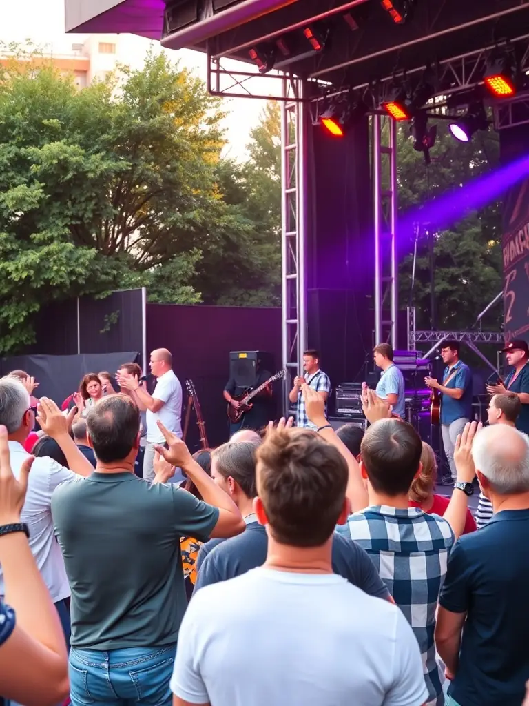 A vibrant photograph capturing a live music performance organized by ENLIVE'S ENLIVE'S, featuring diverse musicians and an engaged audience in a community setting.