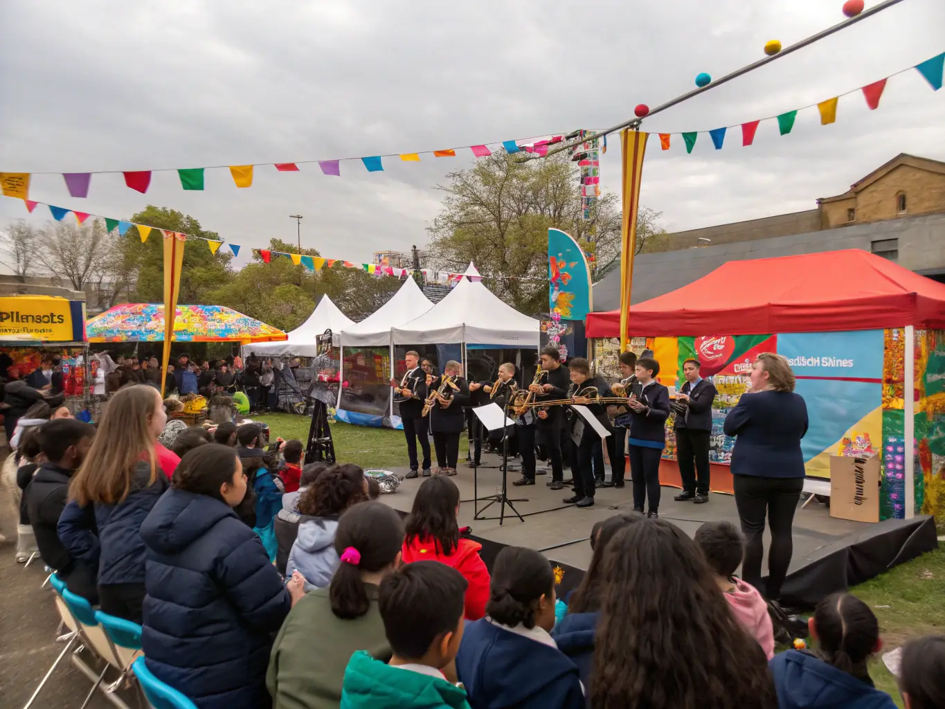 A vibrant image depicting a live music performance in a community setting, showcasing diverse musicians and an engaged audience, capturing the energy and inclusivity of ENLIVE'S ENLIVE'S events.