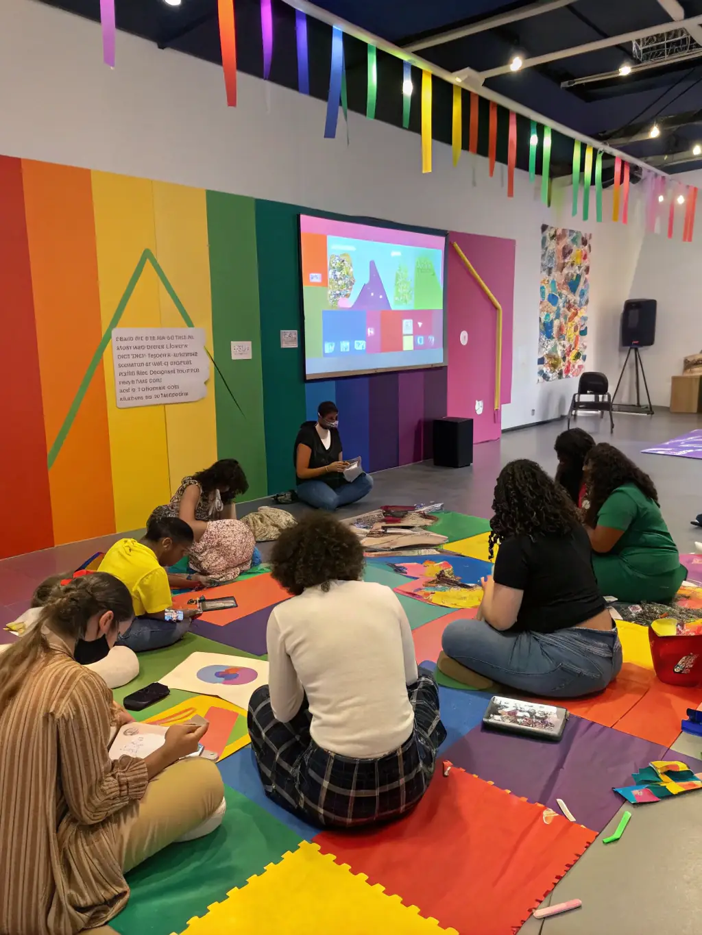 A photograph capturing a lively cultural workshop organized by ENLIVE'S ENLIVE'S, featuring diverse participants engaging in creative activities. The setting is colorful and inclusive, reflecting the organization's dedication to cultural education.