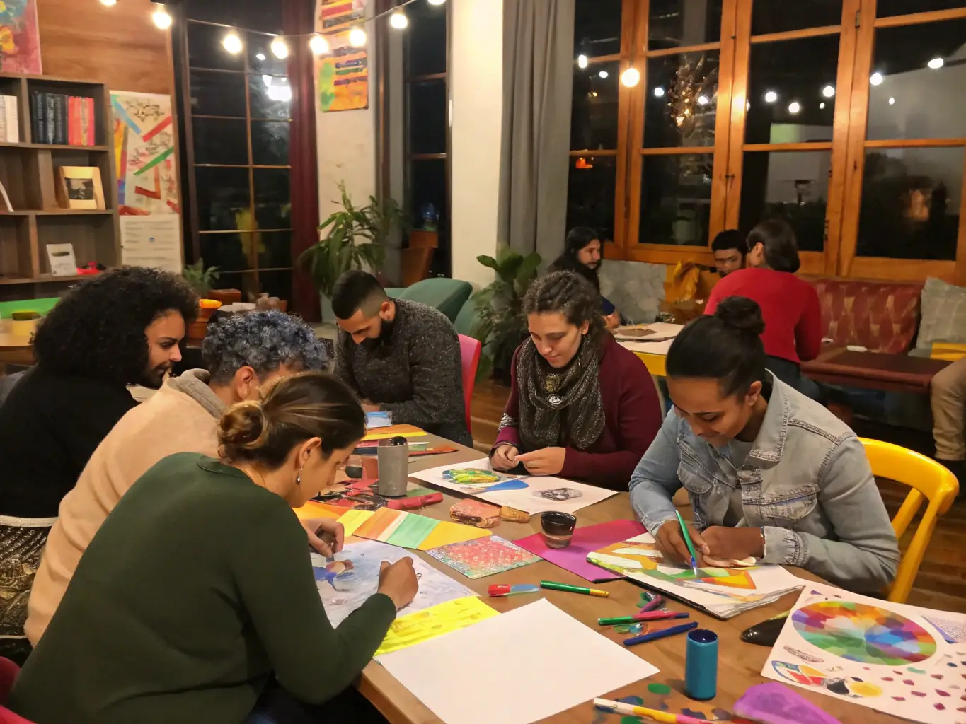 An image showing participants of all ages and backgrounds engaged in a cultural workshop, highlighting the educational and community-building aspects of ENLIVE'S ENLIVE'S cultural actions.