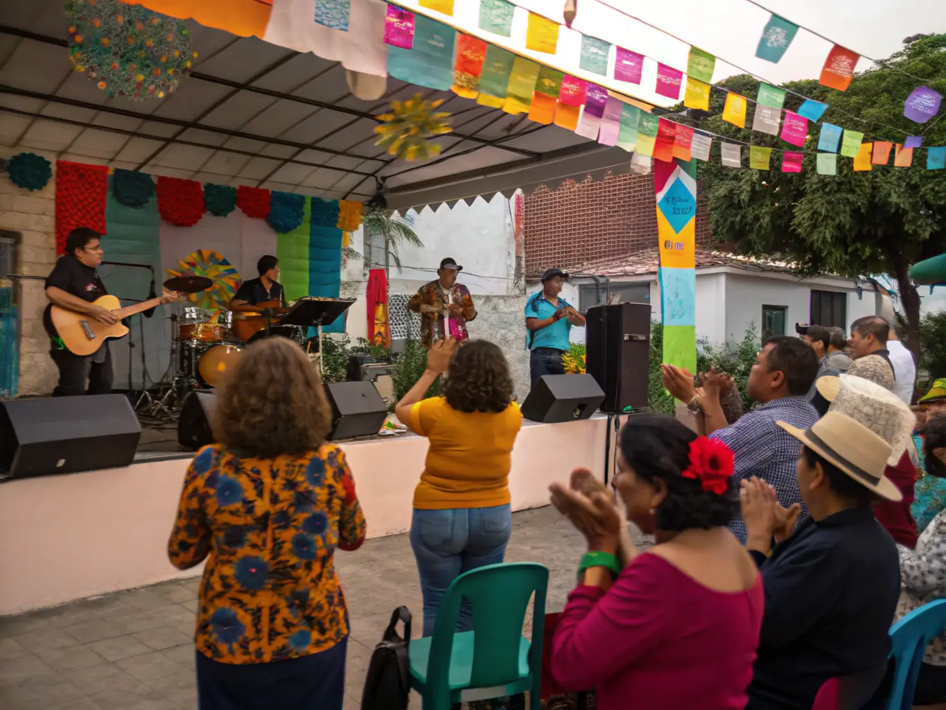 A vibrant image depicting a live music performance in a community setting, showcasing musicians and audience members enjoying the event.